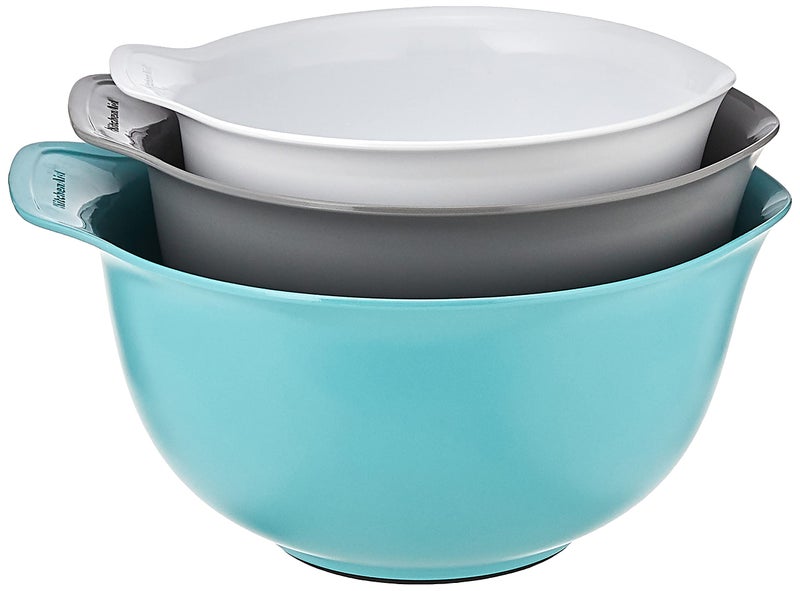 KitchenAid Universal Nesting Plastic Mixing Bowls, Set Of 3, 2.5 quart, 3.5 quart, 4.5 quart, Non Slip Base with Easy Pour Spout to Reduce Mess, Dishwasher Safe, Aqua Sky, White, Gray - Image 2