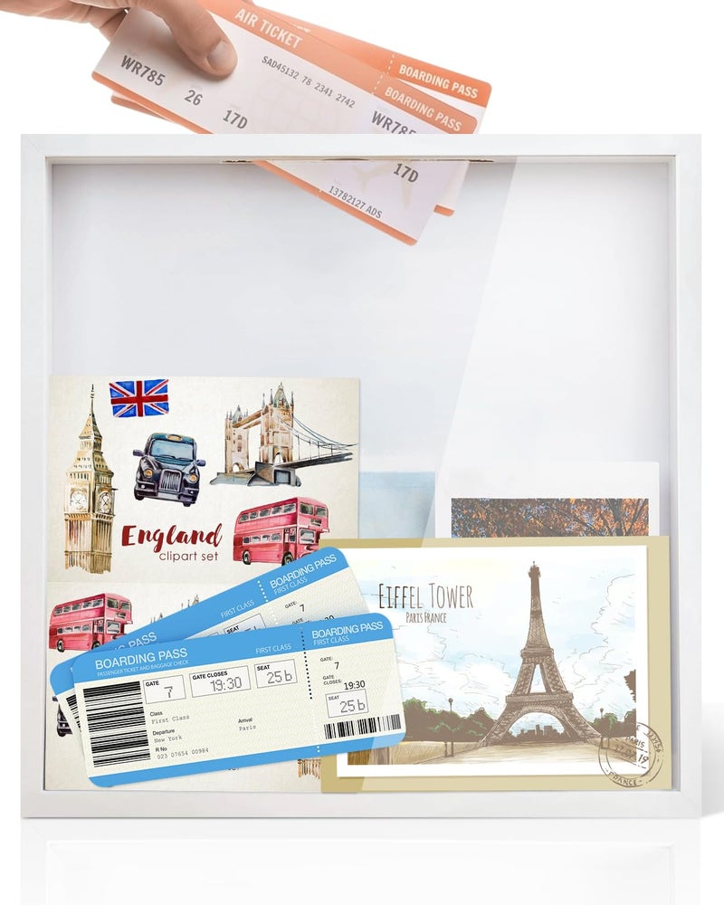 SMZCTYI Adventure Archive Box, 12 x 12 Inch Travel Box for Memories, Travel Shadow Box Frame with Slot, Adventure Box, Keepsake Display Case, Perfect for Travel Memento Display Case Travel Decor Gift (White) - Image 1