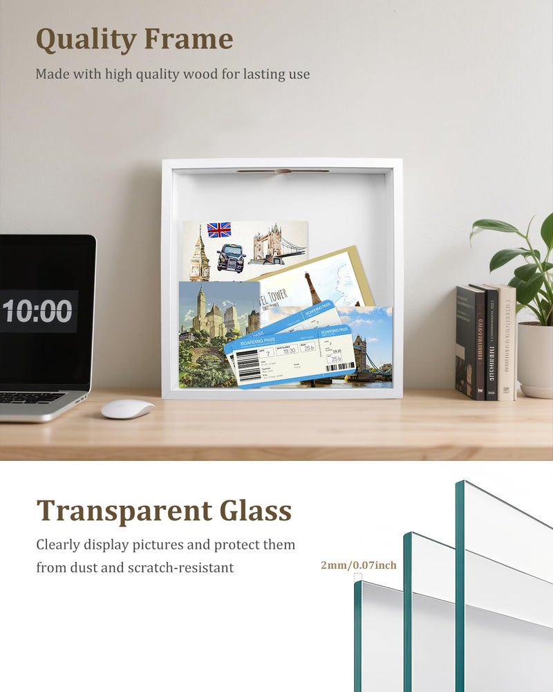 SMZCTYI Adventure Archive Box, 12 x 12 Inch Travel Box for Memories, Travel Shadow Box Frame with Slot, Adventure Box, Keepsake Display Case, Perfect for Travel Memento Display Case Travel Decor Gift (White) - Image 2