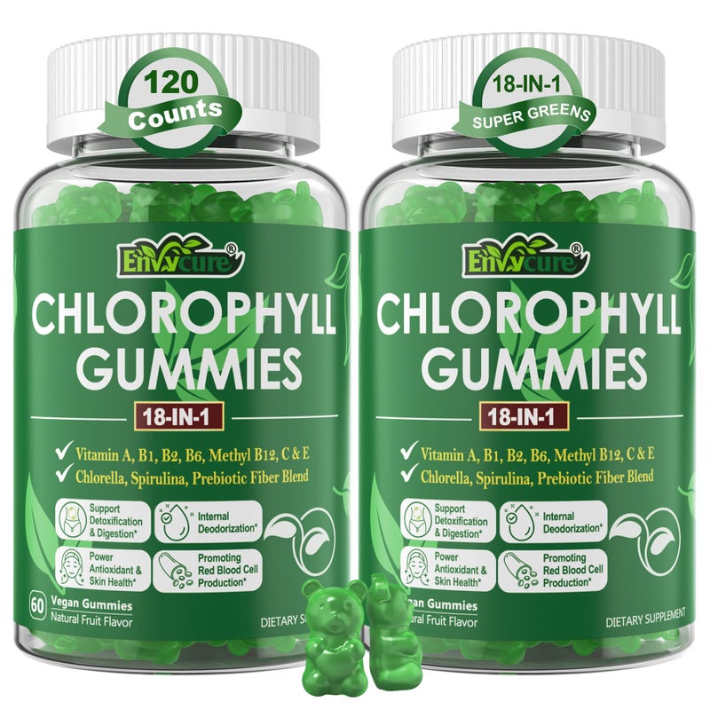 Chlorophyll Gummies Super Green 18IN1 with Organic Chlorella Spirulina Wheat Grass Magnesium Prebiotic Fiber for Internal DeodorantComfort Digestion MetabolismImmune Fresh Body Odor 2Packs