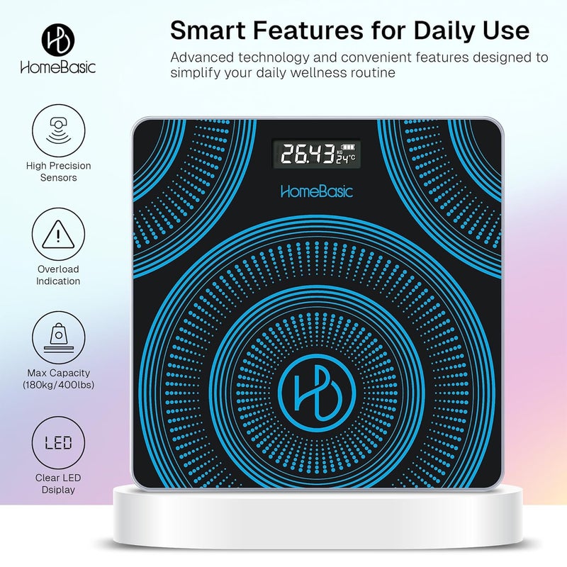 Home Basic ميزان وزن رقمي للجسم | ميزان بوزن زجاجي مقوى | سعة 180 كجم، 4 أوضاع وحدات، دقة عالية 0.1 جرام، ميزة الخطوة، تشغيل/إيقاف تلقائي، شاشة LCD، قياس درجة الحرارة - Image 2