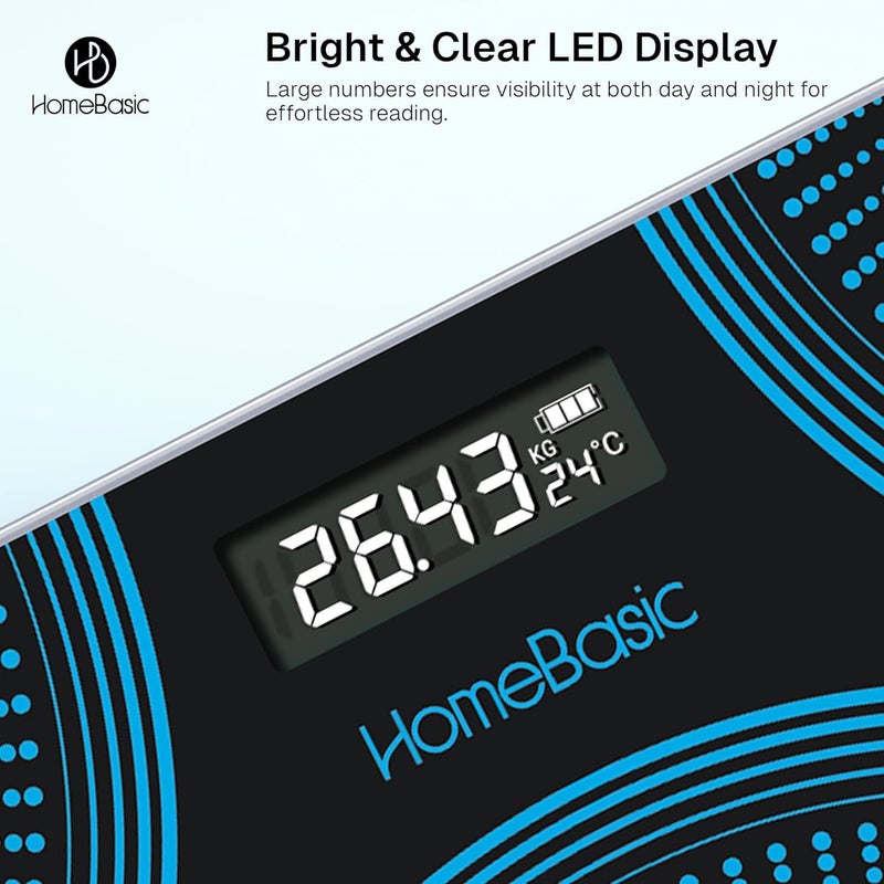 Home Basic ميزان وزن رقمي للجسم | ميزان بوزن زجاجي مقوى | سعة 180 كجم، 4 أوضاع وحدات، دقة عالية 0.1 جرام، ميزة الخطوة، تشغيل/إيقاف تلقائي، شاشة LCD، قياس درجة الحرارة - Image 3
