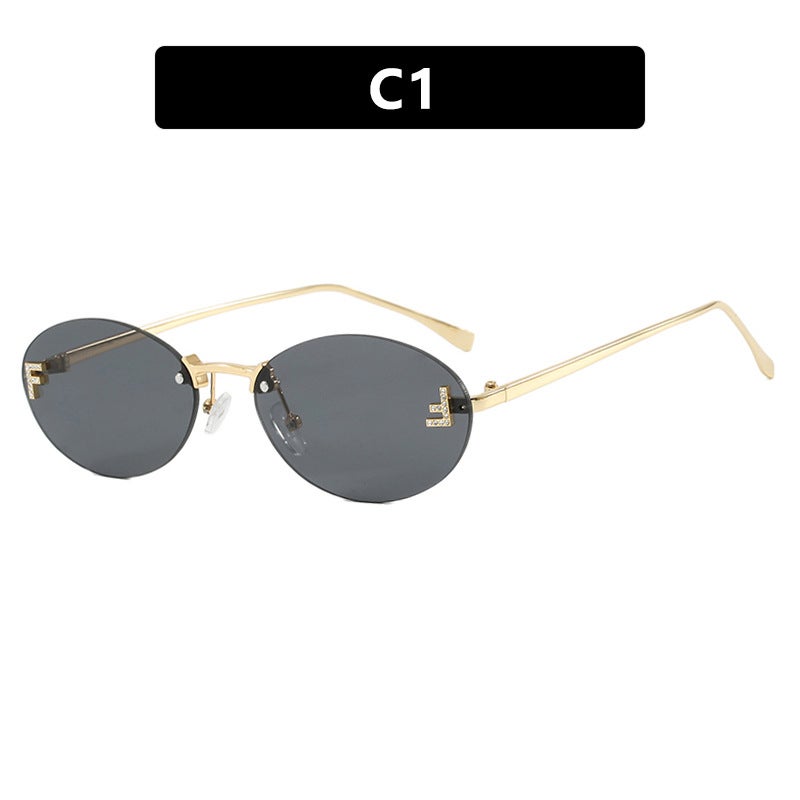 Generic Retro Oval F-Frame Edgeless Sunglasses for Women full gray 