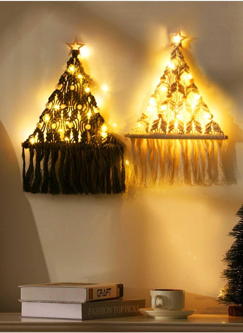 Antikiano 2 Pcs Christmas Tree Macrame Wall Hanging Boho Christmas Woven Ornament with LED Lights Wall Mounted Decor, 15.6 x 10 Inch Xmas Tapestry Wall Hanging Craft Hanging Decoration, White Green  - Image 1