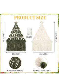 Antikiano 2 Pcs Christmas Tree Macrame Wall Hanging Boho Christmas Woven Ornament with LED Lights Wall Mounted Decor, 15.6 x 10 Inch Xmas Tapestry Wall Hanging Craft Hanging Decoration, White Green  - Image 2