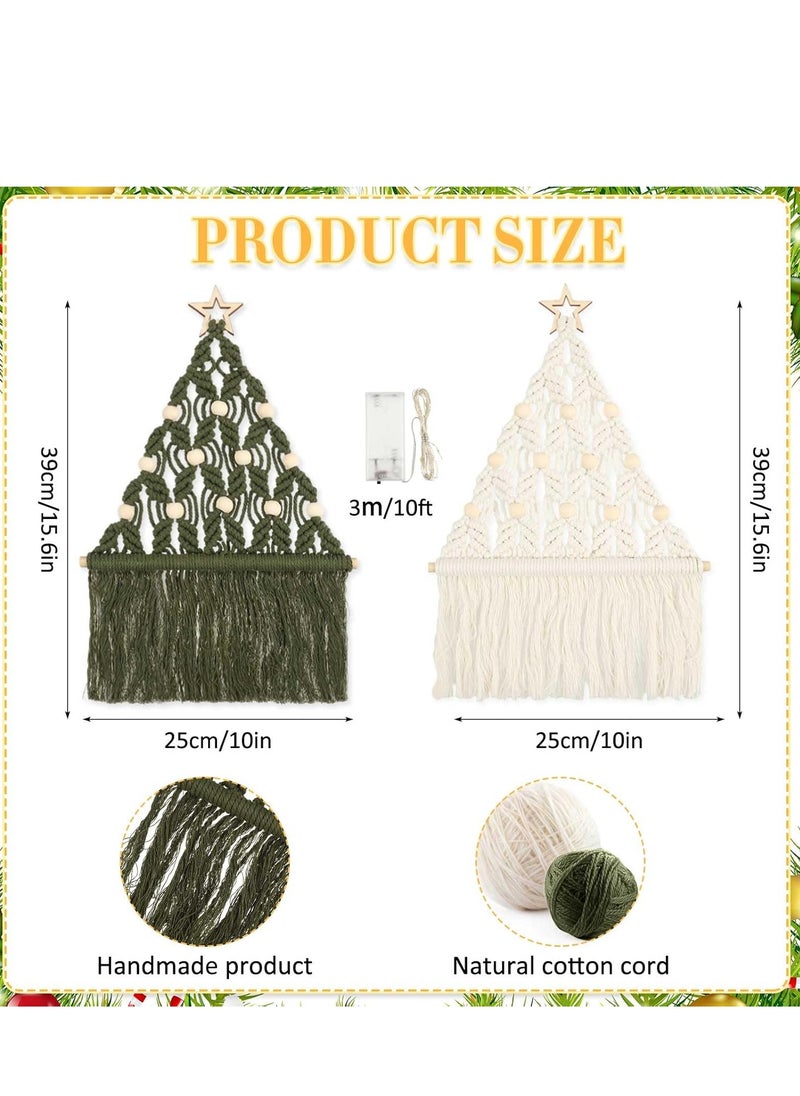 Antikiano 2 Pcs Christmas Tree Macrame Wall Hanging Boho Christmas Woven Ornament with LED Lights Wall Mounted Decor, 15.6 x 10 Inch Xmas Tapestry Wall Hanging Craft Hanging Decoration, White Green  - Image 2