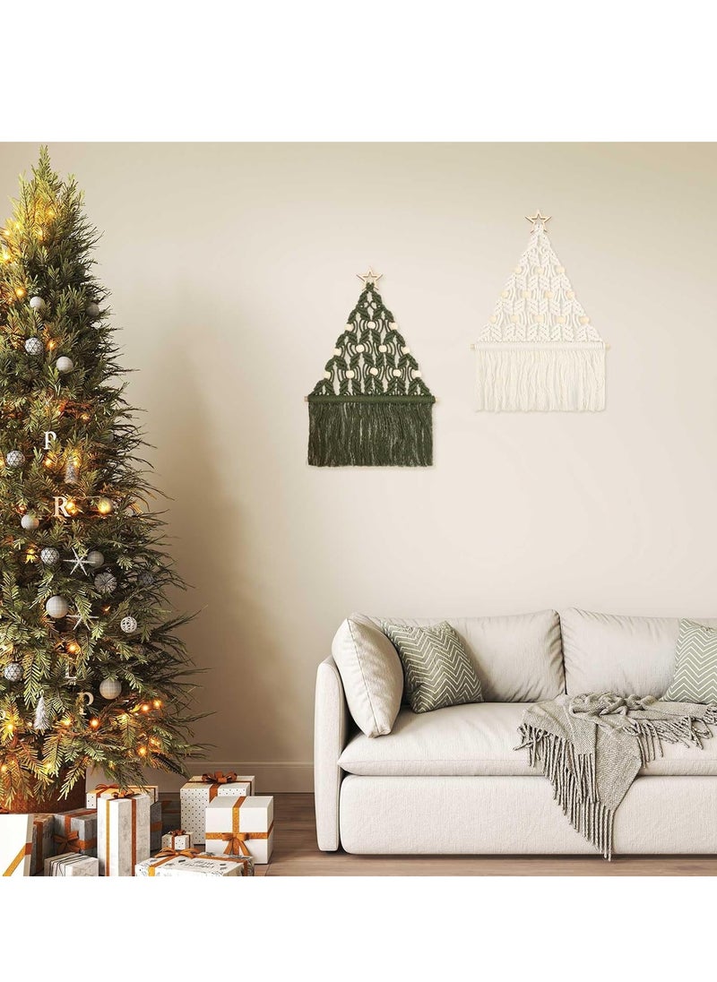 Antikiano 2 Pcs Christmas Tree Macrame Wall Hanging Boho Christmas Woven Ornament with LED Lights Wall Mounted Decor, 15.6 x 10 Inch Xmas Tapestry Wall Hanging Craft Hanging Decoration, White Green  - Image 4