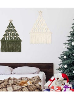 Antikiano 2 Pcs Christmas Tree Macrame Wall Hanging Boho Christmas Woven Ornament with LED Lights Wall Mounted Decor, 15.6 x 10 Inch Xmas Tapestry Wall Hanging Craft Hanging Decoration, White Green  - Image 5
