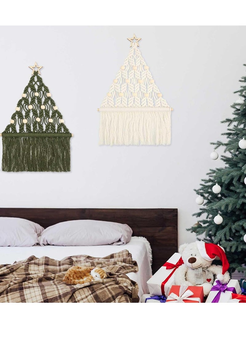 Antikiano 2 Pcs Christmas Tree Macrame Wall Hanging Boho Christmas Woven Ornament with LED Lights Wall Mounted Decor, 15.6 x 10 Inch Xmas Tapestry Wall Hanging Craft Hanging Decoration, White Green  - Image 5