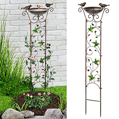 LEWIS&WAYNE LEWISWAYNE Garden Trellis Bird Bath Outdoor 40 Inch Antique Iron Garden Plant Trellis Decorative with Hummingbirds and Detachable Drinking Basin Bowl Free Standing BirdBath Birdfeeder Station