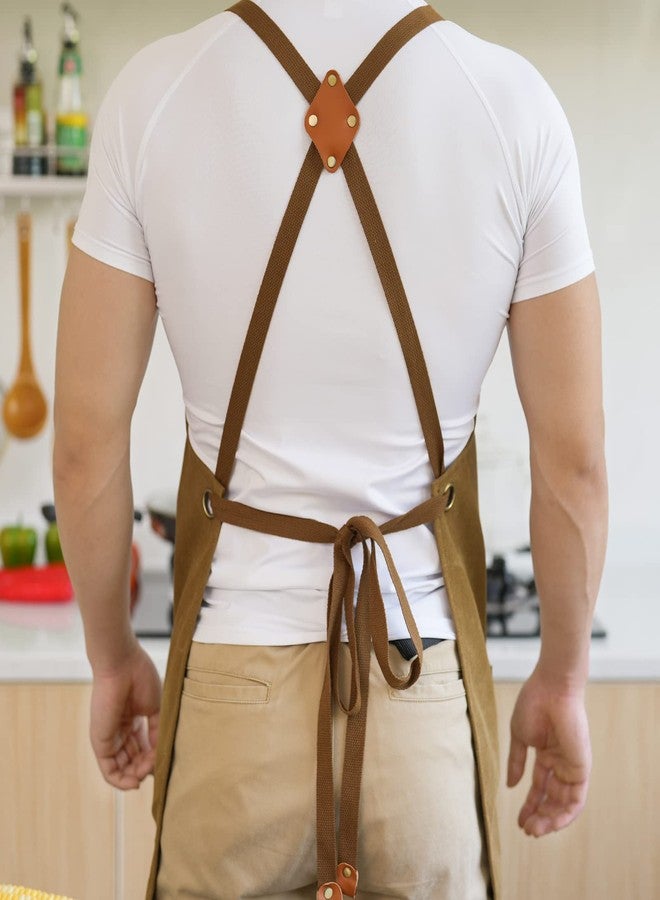 Aoomzoon Canvas Aprons for Men Chef Apron, Work Apron with Large Pockets - Durable 16oz Heavy Duty Cross Back, BBQ, Cooking, Brown, 1 Pack - Image 5