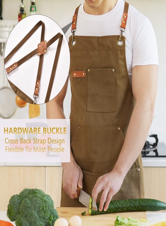 Aoomzoon Canvas Aprons for Men Chef Apron, Work Apron with Large Pockets - Durable 16oz Heavy Duty Cross Back, BBQ, Cooking, Brown, 1 Pack - Image 2