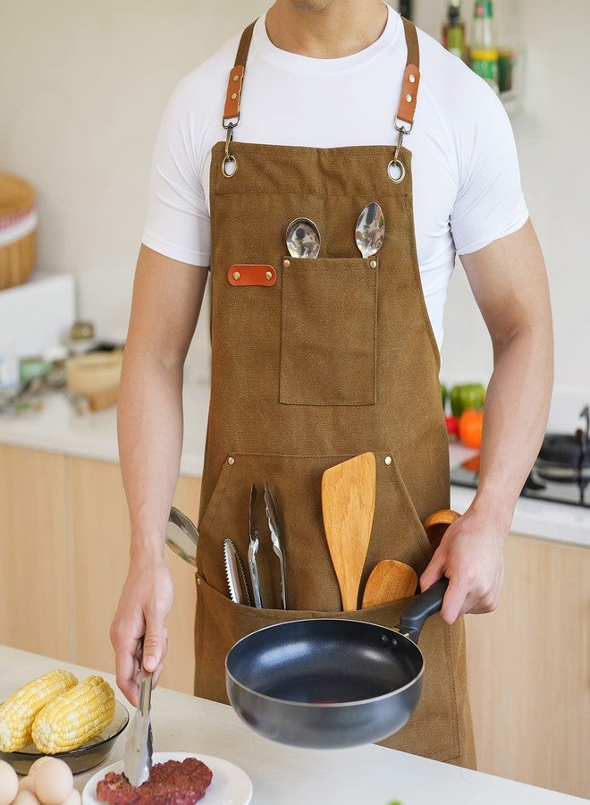 Aoomzoon Canvas Aprons for Men Chef Apron, Work Apron with Large Pockets - Durable 16oz Heavy Duty Cross Back, BBQ, Cooking, Brown, 1 Pack - Image 3