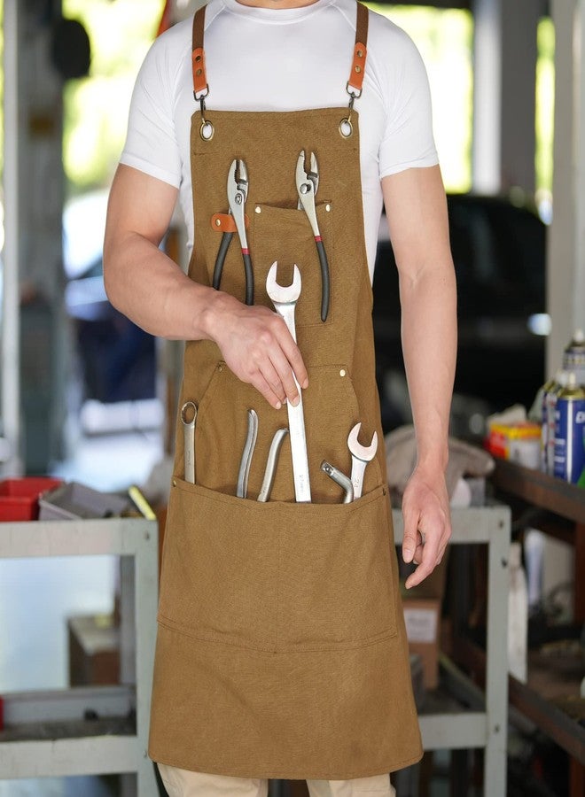 Aoomzoon Canvas Aprons for Men Chef Apron, Work Apron with Large Pockets - Durable 16oz Heavy Duty Cross Back, BBQ, Cooking, Brown, 1 Pack - Image 4