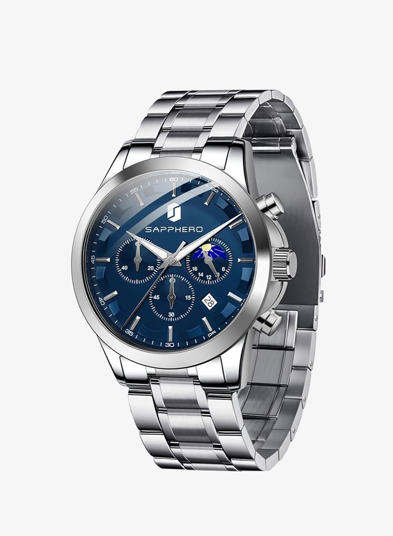 Sapphero Watches for Men Analog Watch Mens Watches Waterproof Watch Silver Watch Quartz Chronograph Date Men's Wrist Watches Stainless Steel Casual Luxury Gifts for Men Unique Mens Dress Watch - Image 1