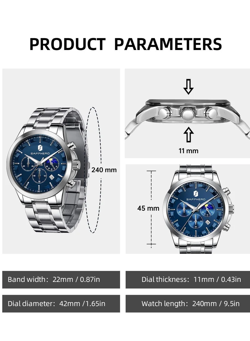 Sapphero  SAPPHERO Chronograph Watches for Men, Original Business Casual Stainless Steel Analog Watch 50M Waterproof Luminous Watches with Date Dial, Mens Gift for Men | Best Price UAE