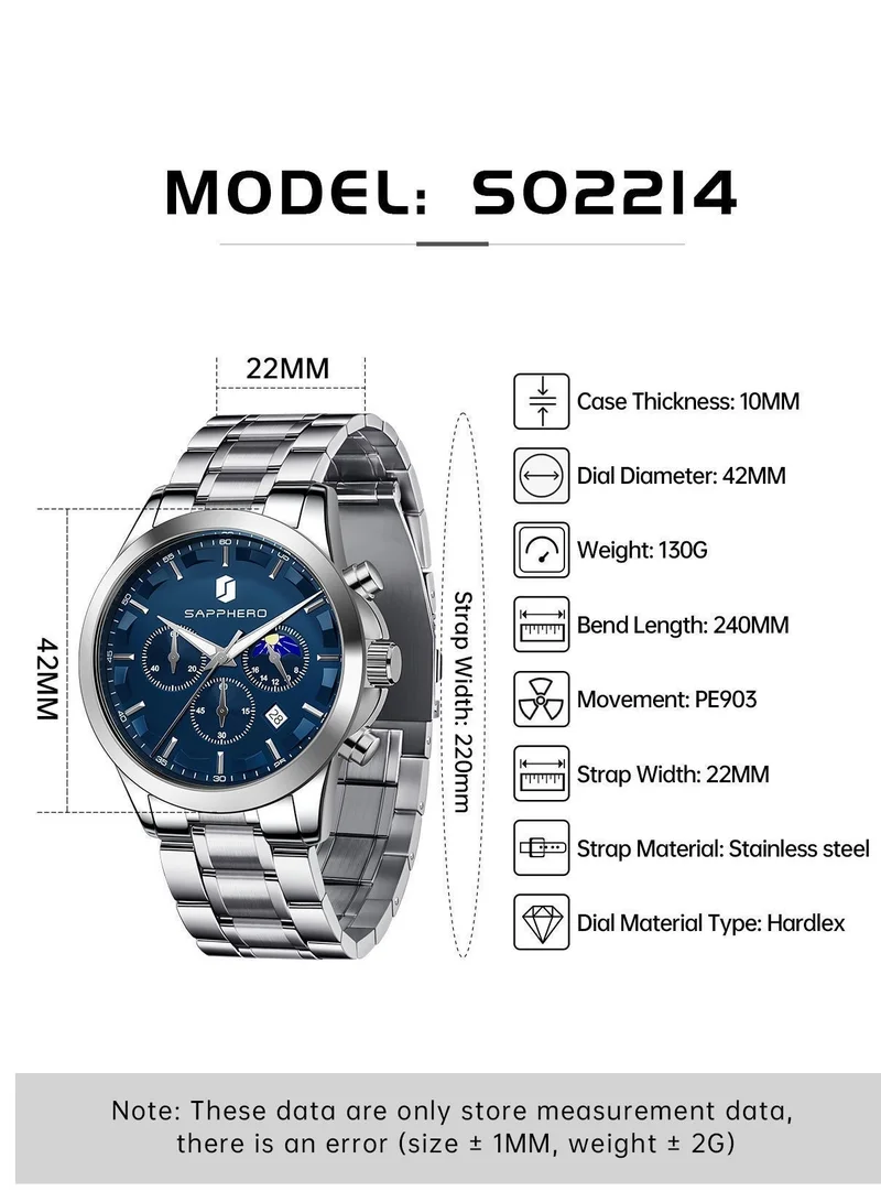 Sapphero  SAPPHERO Chronograph Watches for Men, Original Business Casual Stainless Steel Analog Watch 50M Waterproof Luminous Watches with Date Dial, Mens Gift for Men | Best Price UAE
