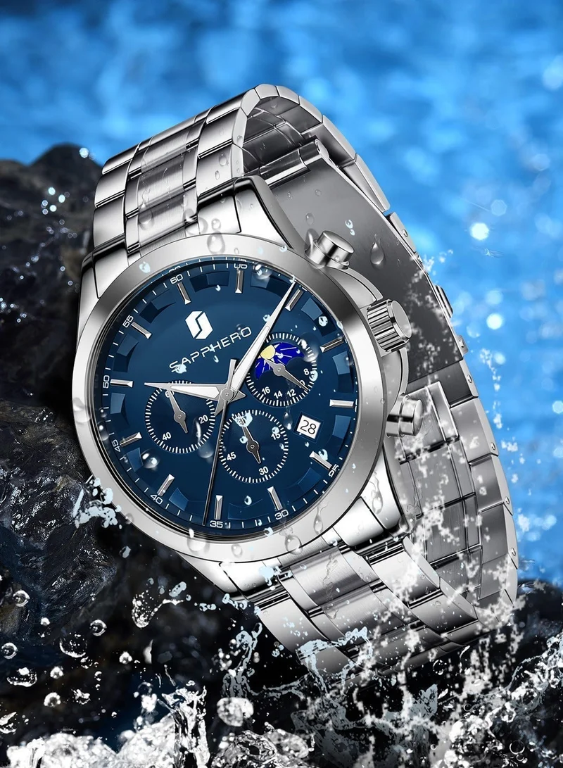 Sapphero  SAPPHERO Chronograph Watches for Men, Original Business Casual Stainless Steel Analog Watch 50M Waterproof Luminous Watches with Date Dial, Mens Gift for Men | Best Price UAE