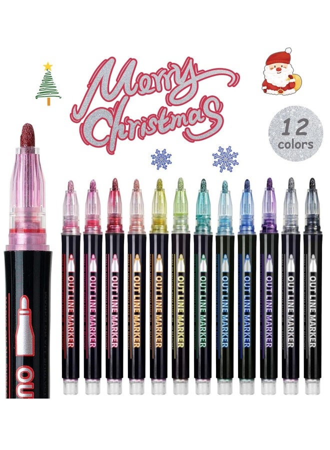 Generic Outline Highlighter Pen, 12 Colors, Double Line Glitter Shimmer Marker Pen, Portable Hand Account Planner Pen for Note-Taking Card Making DIY, 12Pcs  - Image 2