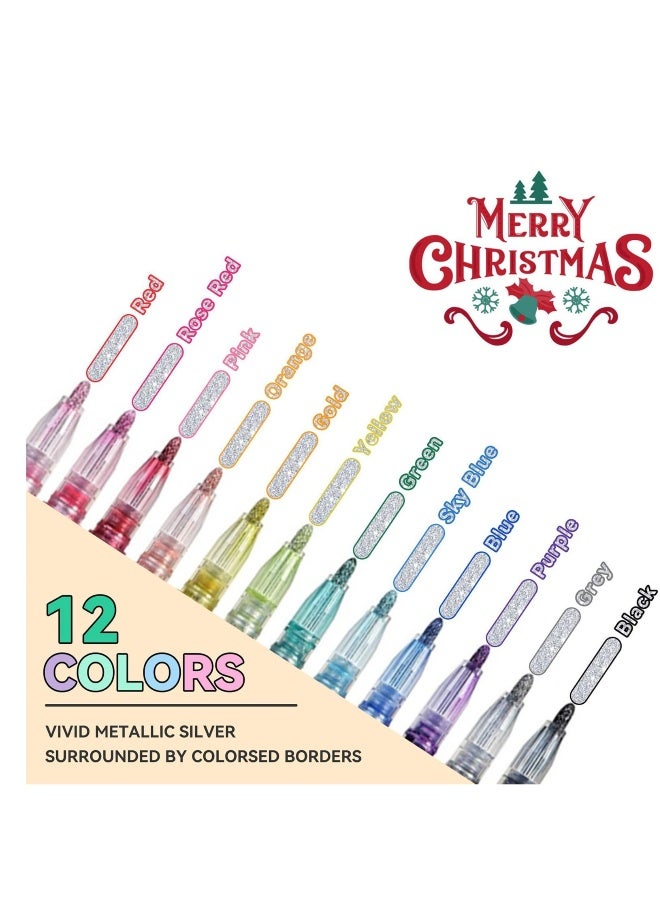 Generic Outline Highlighter Pen, 12 Colors, Double Line Glitter Shimmer Marker Pen, Portable Hand Account Planner Pen for Note-Taking Card Making DIY, 12Pcs  - Image 4