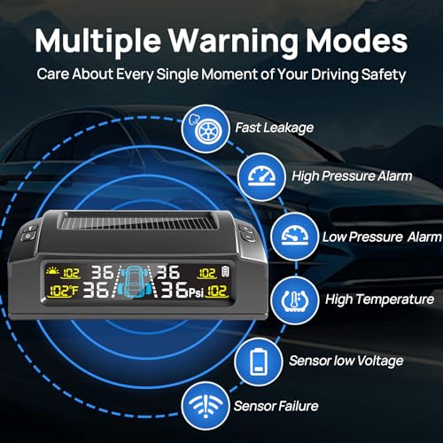 Masoll RV Tire Pressure Monitoring System, M23 Tire Pressure Monitor with Solar Charge & Auto Calibration, TPMS with 4 Sensors & 6 Alarm Modes & HD Color Display, 0-87 PSI for RV/Trailer/Camper/Sedan - Image 2