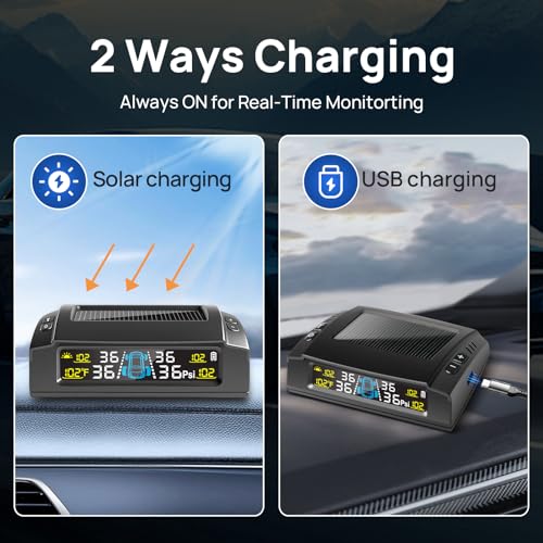 Masoll RV Tire Pressure Monitoring System, M23 Tire Pressure Monitor with Solar Charge & Auto Calibration, TPMS with 4 Sensors & 6 Alarm Modes & HD Color Display, 0-87 PSI for RV/Trailer/Camper/Sedan - Image 3
