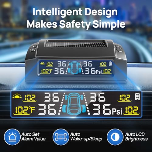 Masoll RV Tire Pressure Monitoring System, M23 Tire Pressure Monitor with Solar Charge & Auto Calibration, TPMS with 4 Sensors & 6 Alarm Modes & HD Color Display, 0-87 PSI for RV/Trailer/Camper/Sedan - Image 4