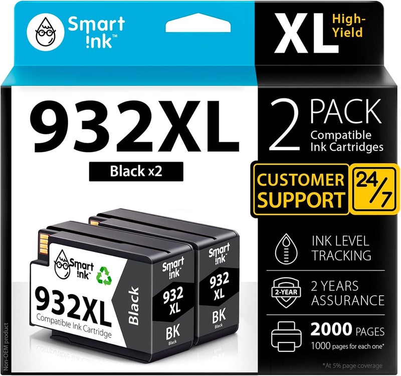Smart Ink Compatible Ink Cartridge Replacement for HP 932XL 932 XL (2 Black, Pigment Ink Cartridges Combo Pack) to use with OfficeJet 6600 6700 7510 7610 7612 6100 7620 7110 Printers - Image 1