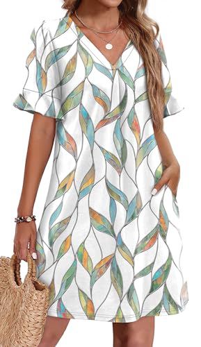 OFEEFAN Spring Dresses for Women Leaves Print V Neck Ruffle Dresses Shift Dress with Pockets M - Image 1