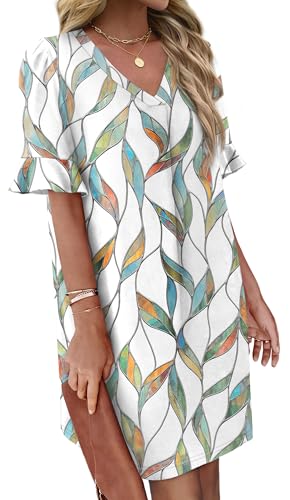 OFEEFAN Spring Dresses for Women Leaves Print V Neck Ruffle Dresses Shift Dress with Pockets M - Image 4