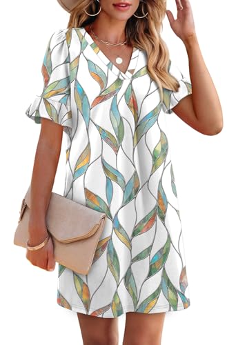 OFEEFAN Spring Dresses for Women Leaves Print V Neck Ruffle Dresses Shift Dress with Pockets M - Image 5