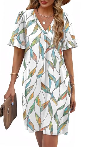OFEEFAN Spring Dresses for Women Leaves Print V Neck Ruffle Dresses Shift Dress with Pockets M - Image 2