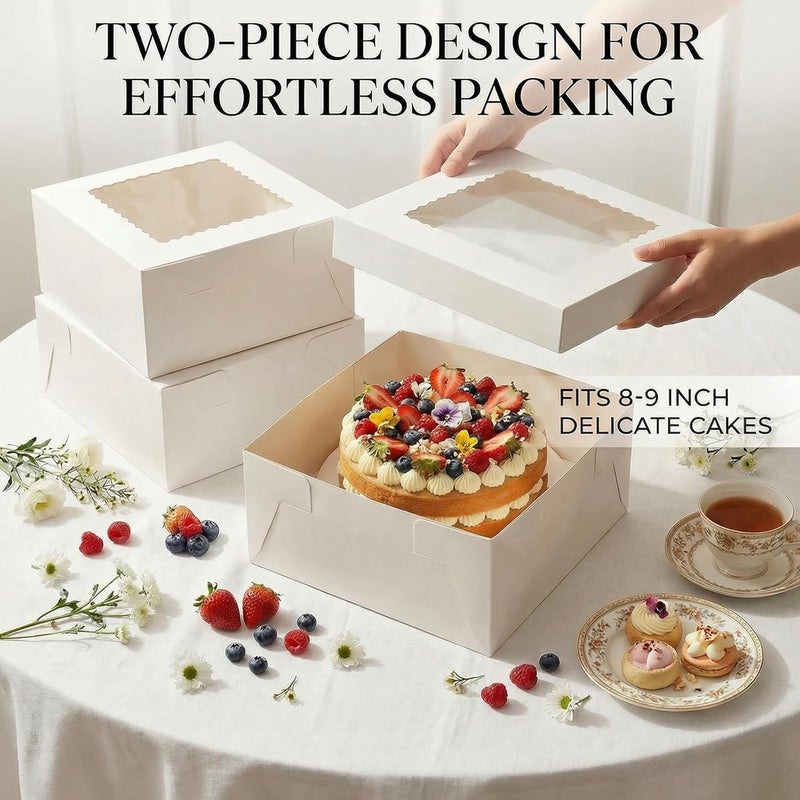Kviceo 3 Pack 10x10x5 Inch White Cake Boxes with Window and Lids – Disposable Bakery Boxes for Cakes, Donuts, Pies, Cookies – No Cake Boards Included – Birthday, Wedding, Party Supplies - Image 2