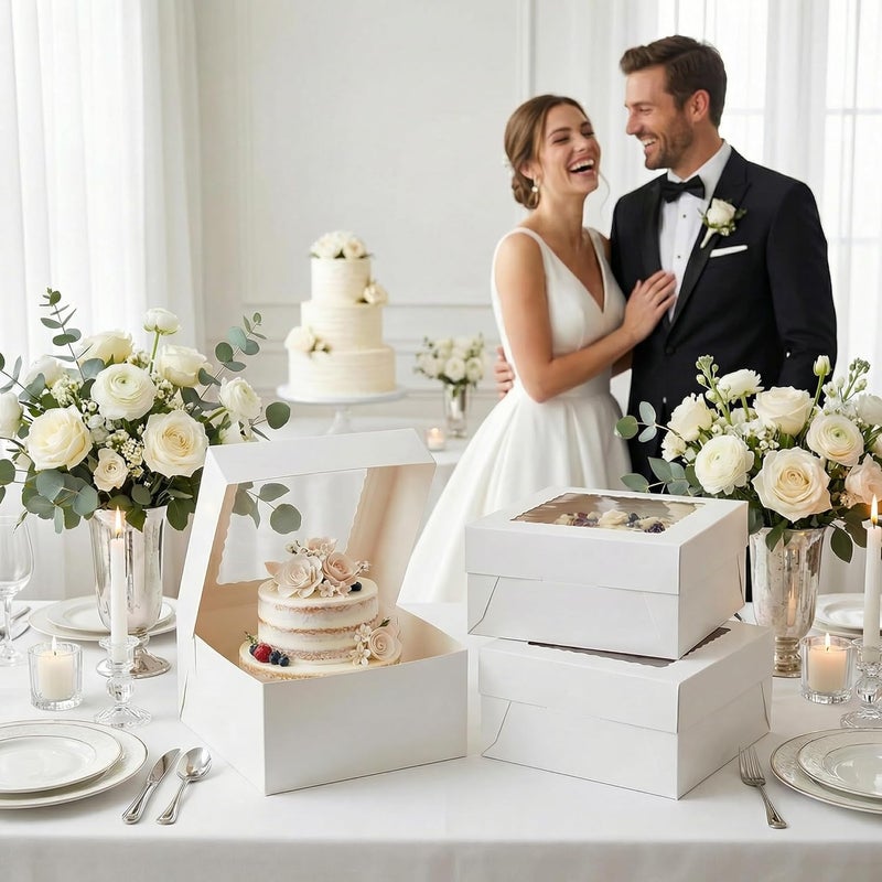 Kviceo 3 Pack 10x10x5 Inch White Cake Boxes with Window and Lids – Disposable Bakery Boxes for Cakes, Donuts, Pies, Cookies – No Cake Boards Included – Birthday, Wedding, Party Supplies - Image 4