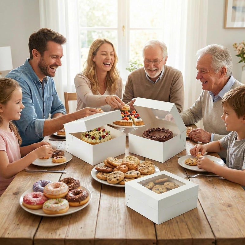 Kviceo 3 Pack 10x10x5 Inch White Cake Boxes with Window and Lids – Disposable Bakery Boxes for Cakes, Donuts, Pies, Cookies – No Cake Boards Included – Birthday, Wedding, Party Supplies - Image 3