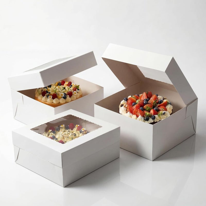 Kviceo 3 Pack 10x10x5 Inch White Cake Boxes with Window and Lids – Disposable Bakery Boxes for Cakes, Donuts, Pies, Cookies – No Cake Boards Included – Birthday, Wedding, Party Supplies - Image 1