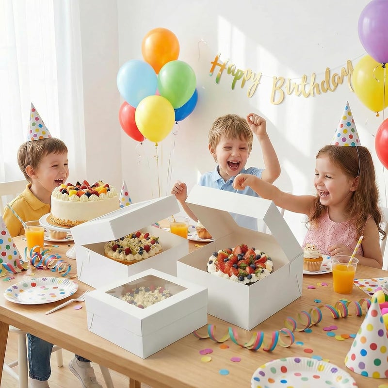 Kviceo 3 Pack 10x10x5 Inch White Cake Boxes with Window and Lids – Disposable Bakery Boxes for Cakes, Donuts, Pies, Cookies – No Cake Boards Included – Birthday, Wedding, Party Supplies - Image 5