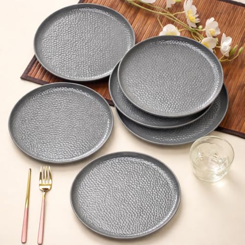 MARKET 99 Melamine Round Serving Full Plates Set of 6 | Grey Hammered Design Dinner & Serving Plates | Lightweight Kitchen Serveware for Breakfast, Lunch, Dinner & Home Dining Use - Image 1