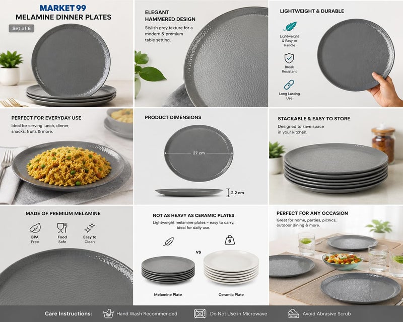 MARKET 99 Melamine Round Serving Full Plates Set of 6 | Grey Hammered Design Dinner & Serving Plates | Lightweight Kitchen Serveware for Breakfast, Lunch, Dinner & Home Dining Use - Image 2