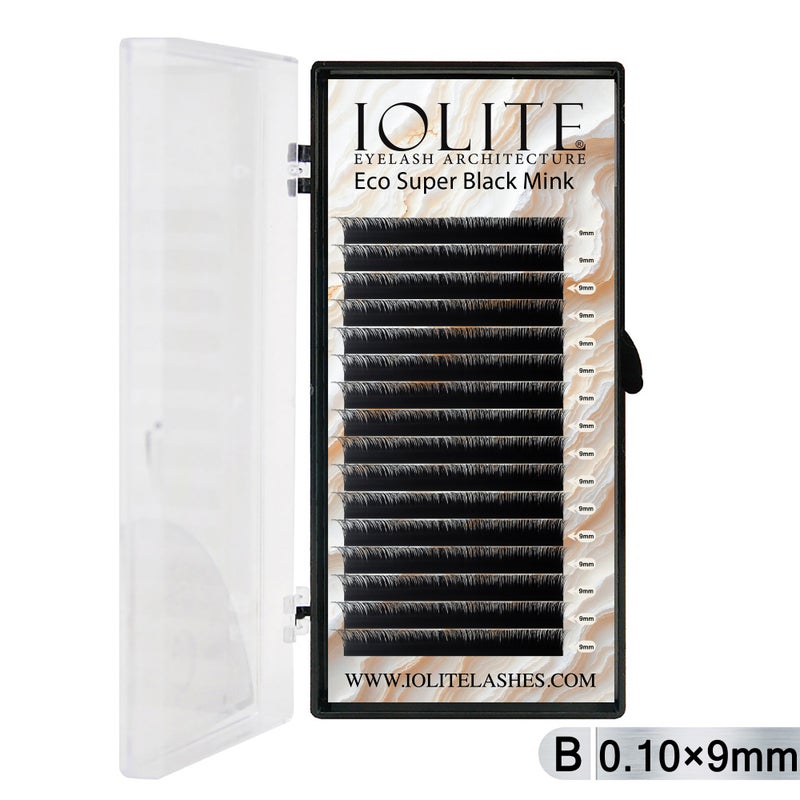 Iolite Super Black Mink Lash Extensions – B Curl 0.10T Mix (6mm–15mm) | Premium Black Mink Eyelash Extension Tray for Lash Artists ISBMB10T - 9MM