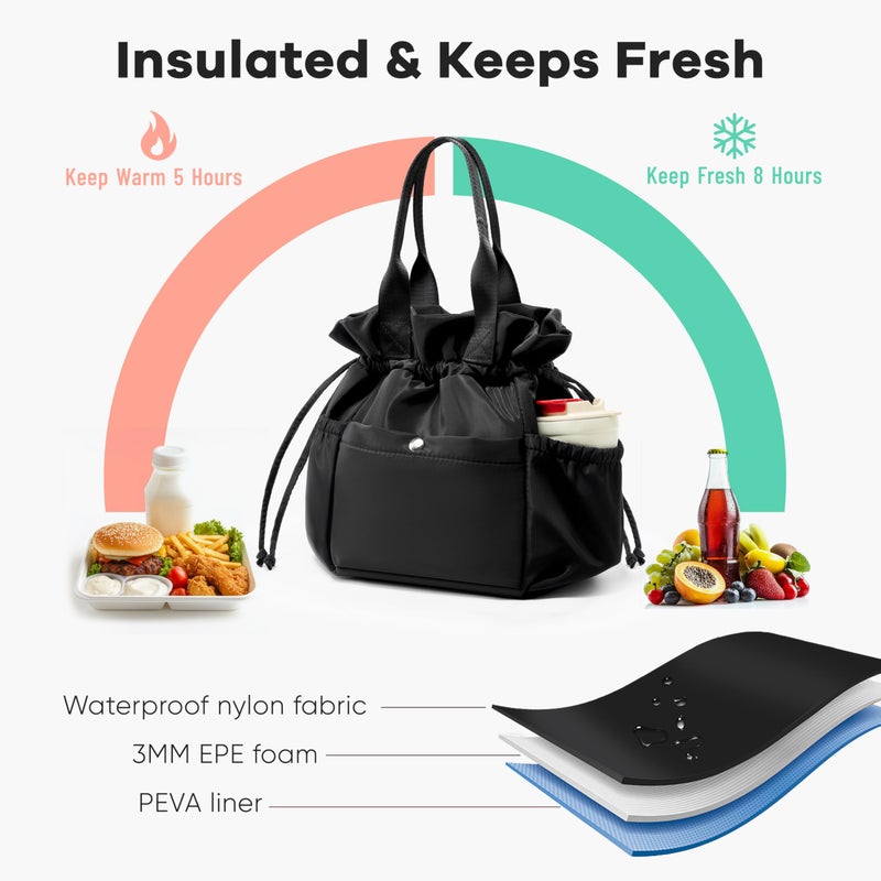 Yarnic Lunch Bag Women Insulated Lunch Bags,Cute Reusable Lunch Box Stain-Resistant Lunchbox with Water Bottle Holder for Adult (black) - Image 3