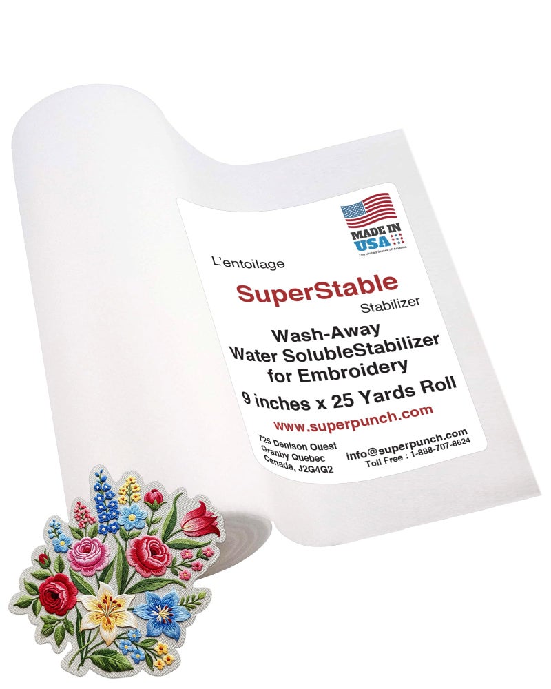 Superpunch مثبت قابل للغسل سوبر بانش قابل للذوبان في الماء للتطريز - 9 بوصة × 25 ياردة رول، مثبت قماش، دعم تطريز ومثبتات قطع - سوبرستابل للخياطة الآلية واليدوية - صنع في الولايات المتحدة الأمريكية - Image 1