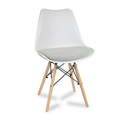 Finch Fox Eames Replica Nordan DSW Stylish Modern Plastic Dining Chair on Beech Wooden Legs with White Shell Light Grey Velvet Fabric Cushion Color