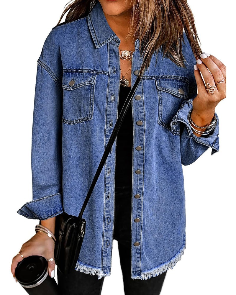 Vetinee Womens Lightweight Jacket Women Oversized Boyfriend Nightfall Blue Front Button Up Frayed Raw Hem Long Sleeve Pockets Denim Jean Jacket Shacket Small Size 4 Size 6