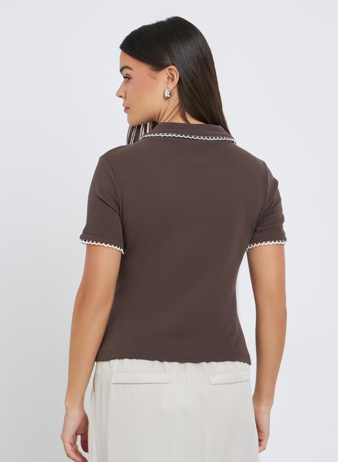 ستايلي بلوزة نسائية محبوكة بياقة بنية وبطانة متباينة - Image 5