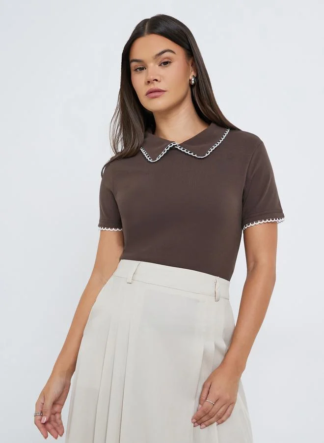 Styli Styli Women Brown Collar Contrast Lining Knit Top
