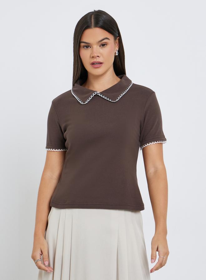 ستايلي بلوزة نسائية محبوكة بياقة بنية وبطانة متباينة - Image 3