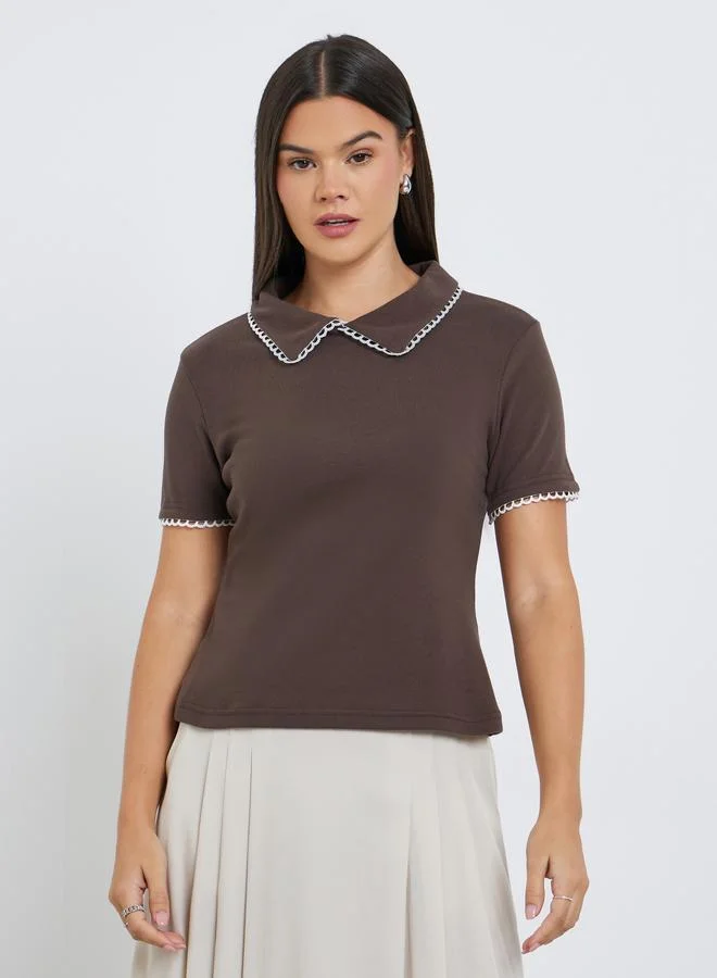 Styli Styli Women Brown Collar Contrast Lining Knit Top