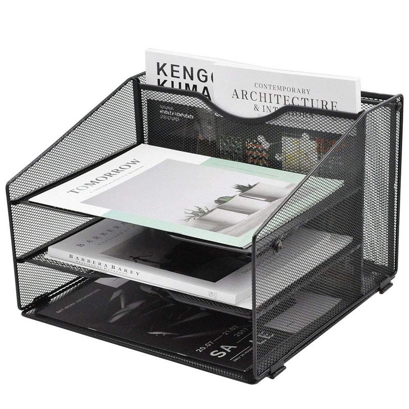 EASEPRES Mesh Desktop File Organizer Document Mail Desk Folder Holder with 3 Paper Letter Tray and 1 Vertical Upright Compartment for Office Supplies Desk Accessories  Workspace Black