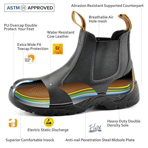 Safetoe Mens Work Boots Steel Toe Chelsea Safety Boots Cow Leather Waterproof Lightweight Working Shoes - Image 2